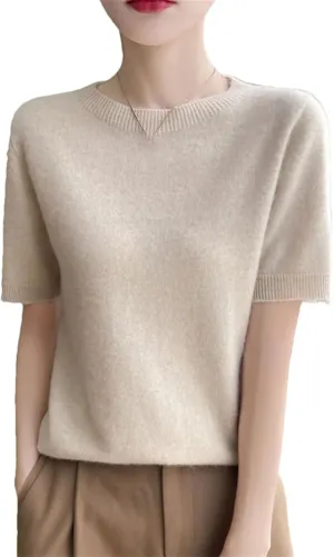 Women Cashmere Short Sleeve Sweater O-Neck Pullover Winter Cashmere Short Sleeve Shirt