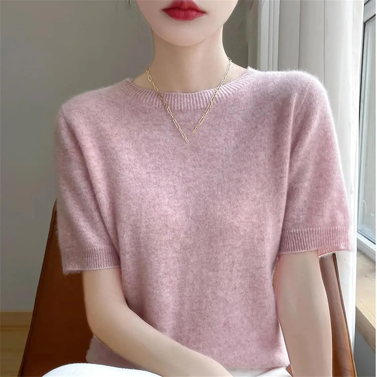 Women Cashmere Short Sleeve Sweater O-Neck Pullover Winter Cashmere Short Sleeve Shirt