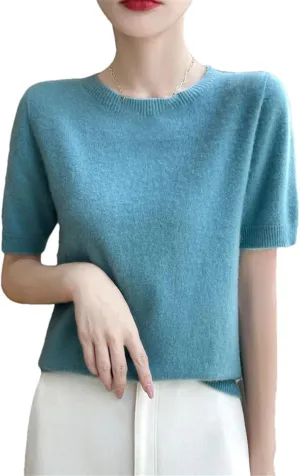 Women Cashmere Short Sleeve Sweater O-Neck Pullover Winter Cashmere Short Sleeve Shirt