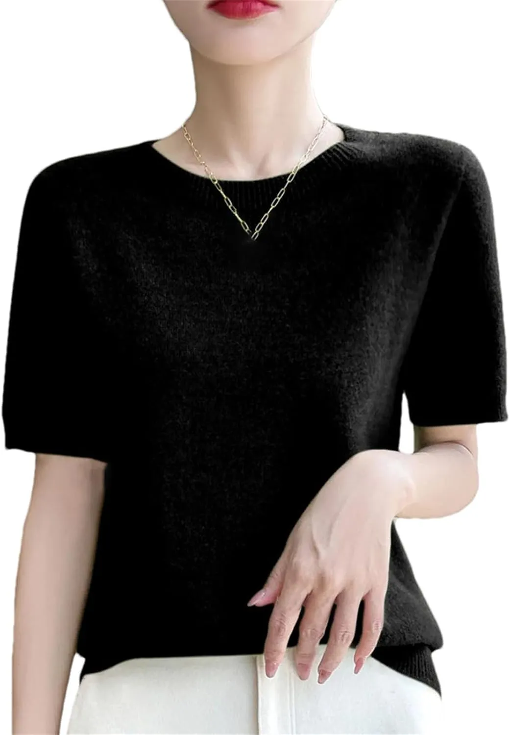 Women Cashmere Short Sleeve Sweater O-Neck Pullover Winter Cashmere Short Sleeve Shirt