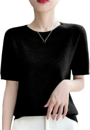 Women Cashmere Short Sleeve Sweater O-Neck Pullover Winter Cashmere Short Sleeve Shirt