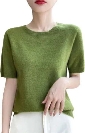 Women Cashmere Short Sleeve Sweater O-Neck Pullover Winter Cashmere Short Sleeve Shirt