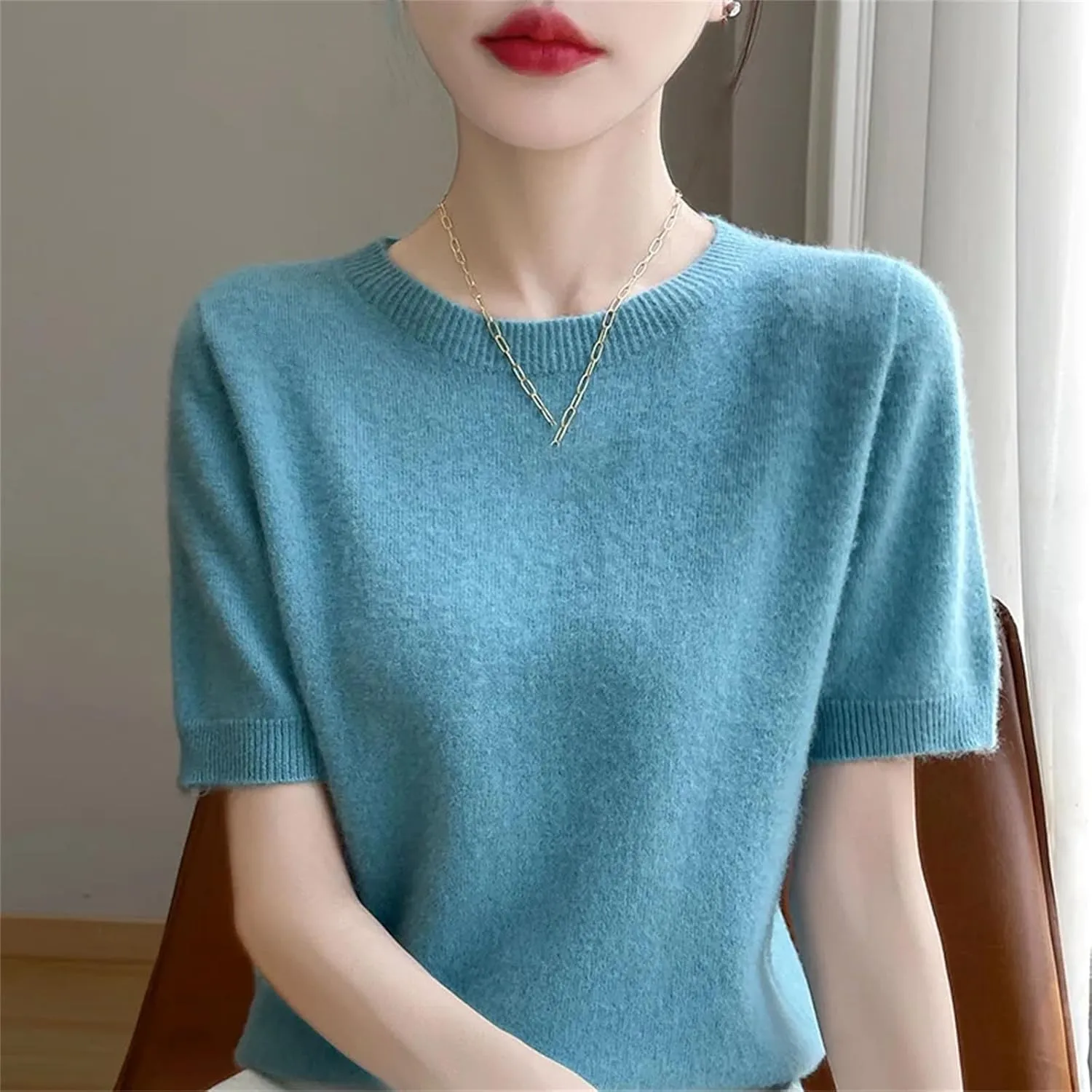 Women Cashmere Short Sleeve Sweater O-Neck Pullover Winter Cashmere Short Sleeve Shirt