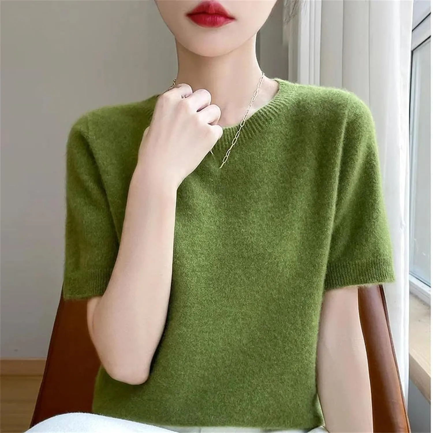 Women Cashmere Short Sleeve Sweater O-Neck Pullover Winter Cashmere Short Sleeve Shirt