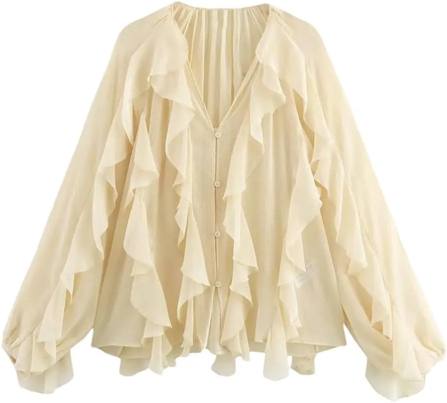 Women Casual Ruffled Loose Lace Up Hollow Out V Neck Tops Blouses Shirt