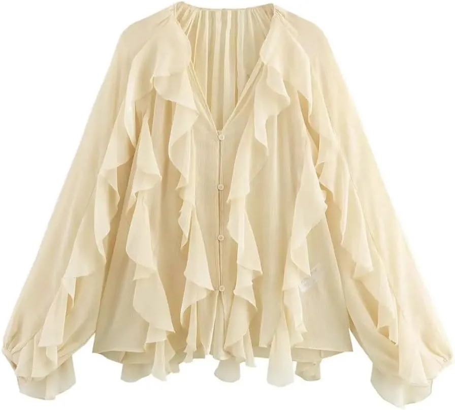 Women Casual Ruffled Loose Lace Up Hollow Out V Neck Tops Blouses Shirt