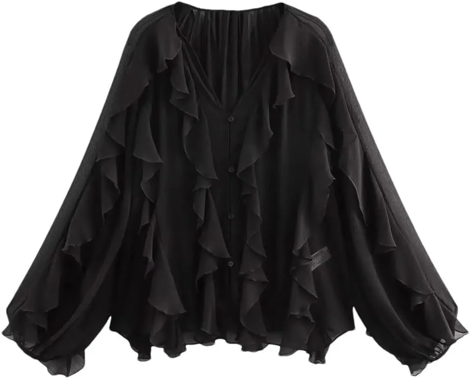 Women Casual Ruffled Loose Lace Up Hollow Out V Neck Tops Blouses Shirt