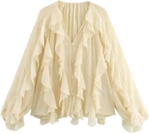 Women Casual Ruffled Loose Lace Up Hollow Out V Neck Tops Blouses Shirt