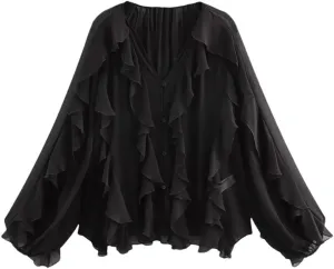 Women Casual Ruffled Loose Lace Up Hollow Out V Neck Tops Blouses Shirt
