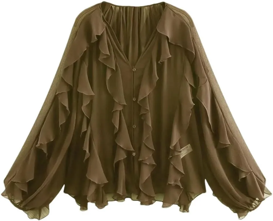Women Casual Ruffled Loose Lace Up Hollow Out V Neck Tops Blouses Shirt