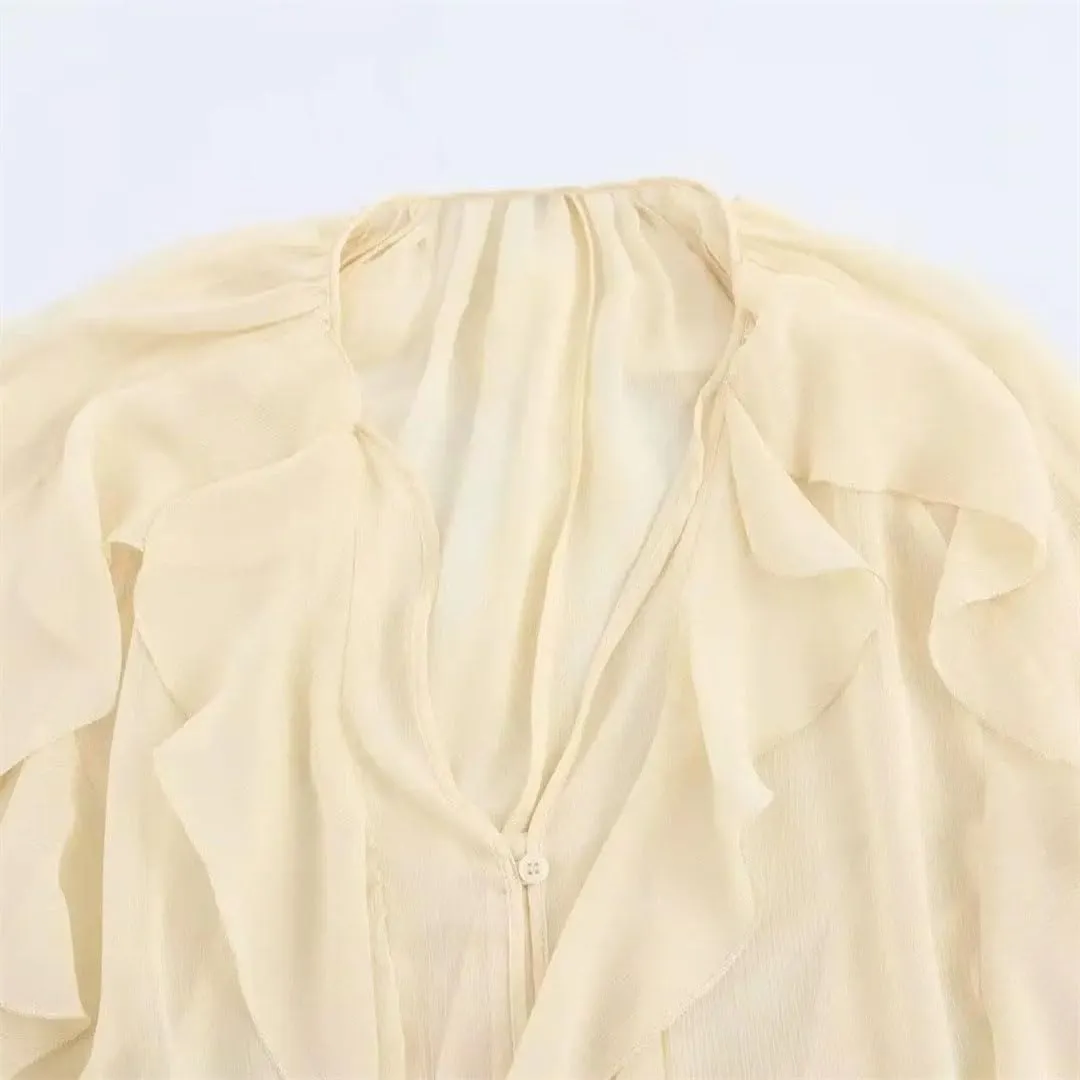 Women Casual Ruffled Loose Lace Up Hollow Out V Neck Tops Blouses Shirt