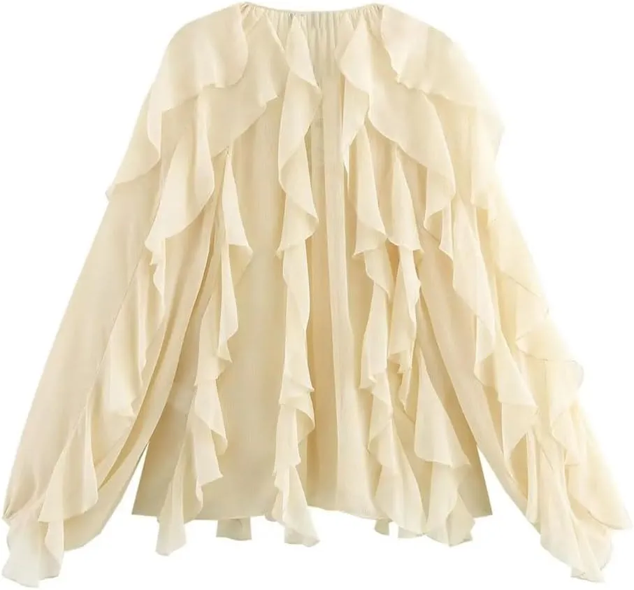 Women Casual Ruffled Loose Lace Up Hollow Out V Neck Tops Blouses Shirt