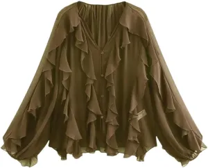 Women Casual Ruffled Loose Lace Up Hollow Out V Neck Tops Blouses Shirt