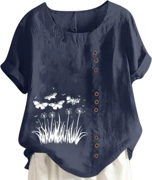 Women Cotton Linen Shirts 2025 Summer Casual Short Sleeve Graphic Tshirts Plus Size Crewneck Tops