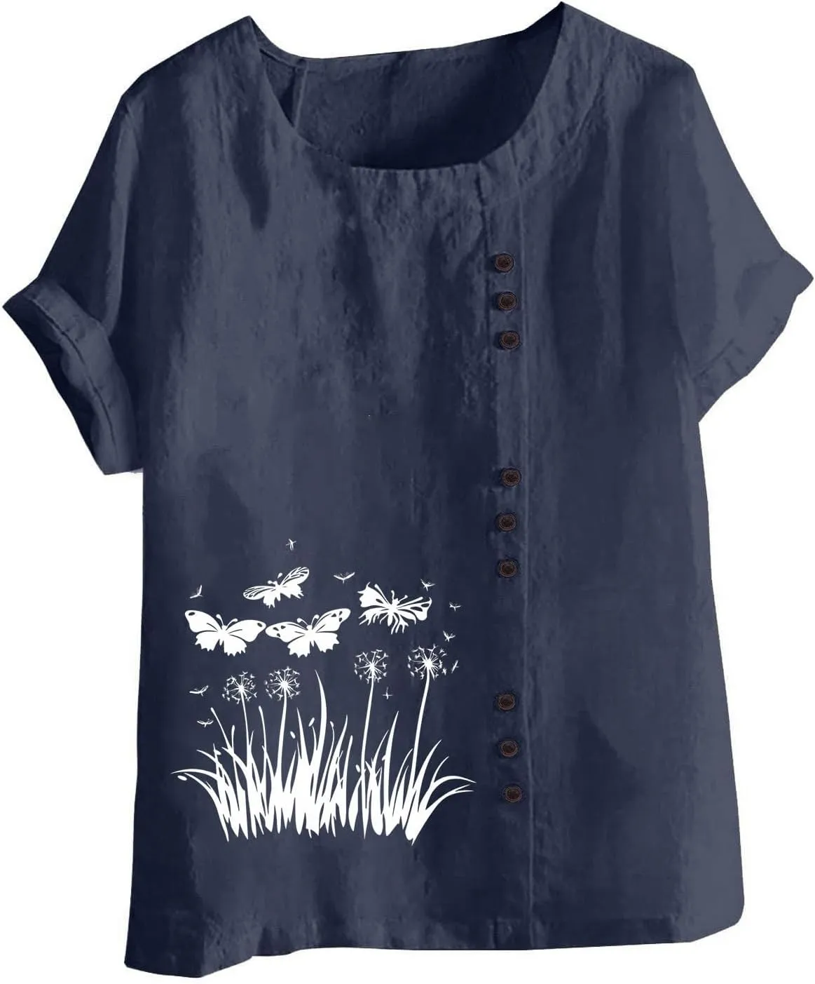 Women Cotton Linen Shirts 2025 Summer Casual Short Sleeve Graphic Tshirts Plus Size Crewneck Tops