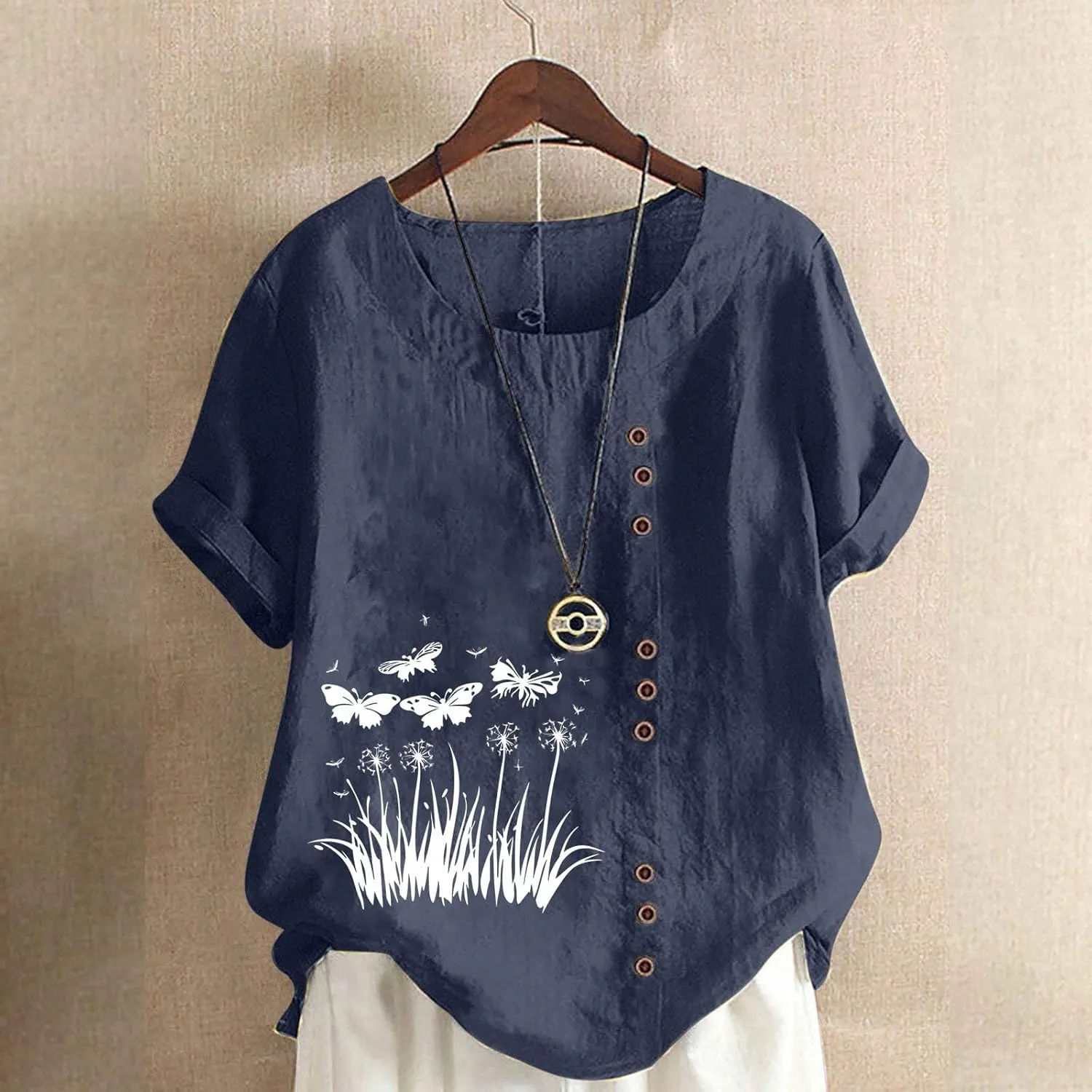 Women Cotton Linen Shirts 2025 Summer Casual Short Sleeve Graphic Tshirts Plus Size Crewneck Tops