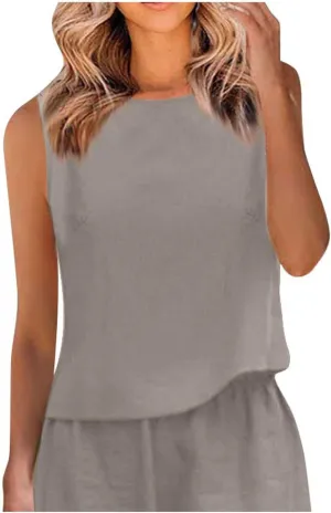 Women Cotton Linen Tank Tops Crew Neck Solid Sleeveless Shirt Loose Vest 2025 Casual Beach Tees Spring Summer Clothes