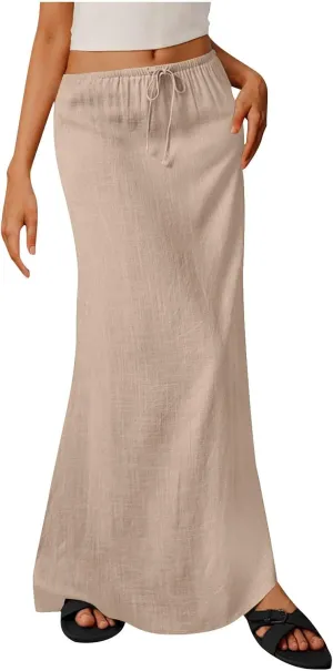 Women Faux Cotton Linen Maxi Skirts Trendy Elastic Waist Drawstring Tie-up Plain Comfy Summer A Line Long Skirt
