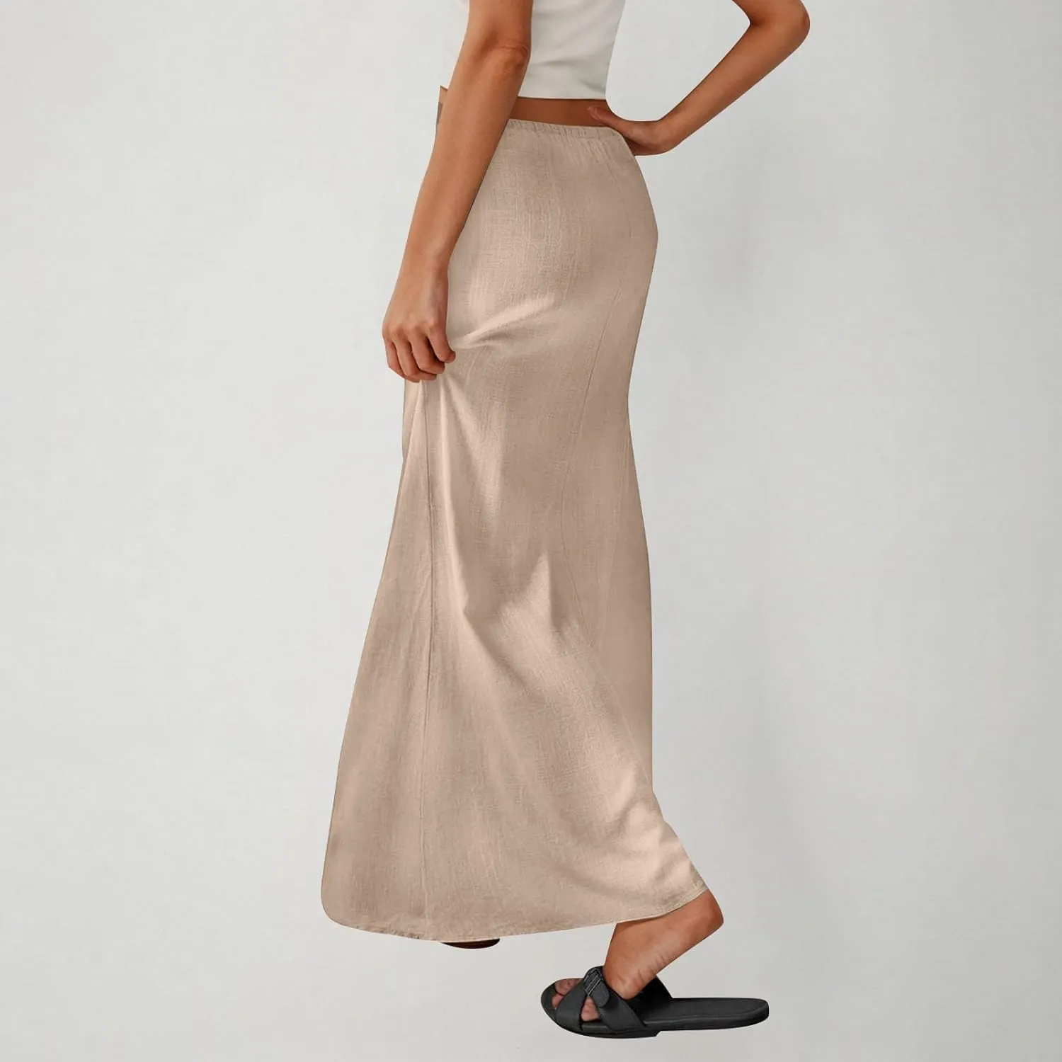 Women Faux Cotton Linen Maxi Skirts Trendy Elastic Waist Drawstring Tie-up Plain Comfy Summer A Line Long Skirt