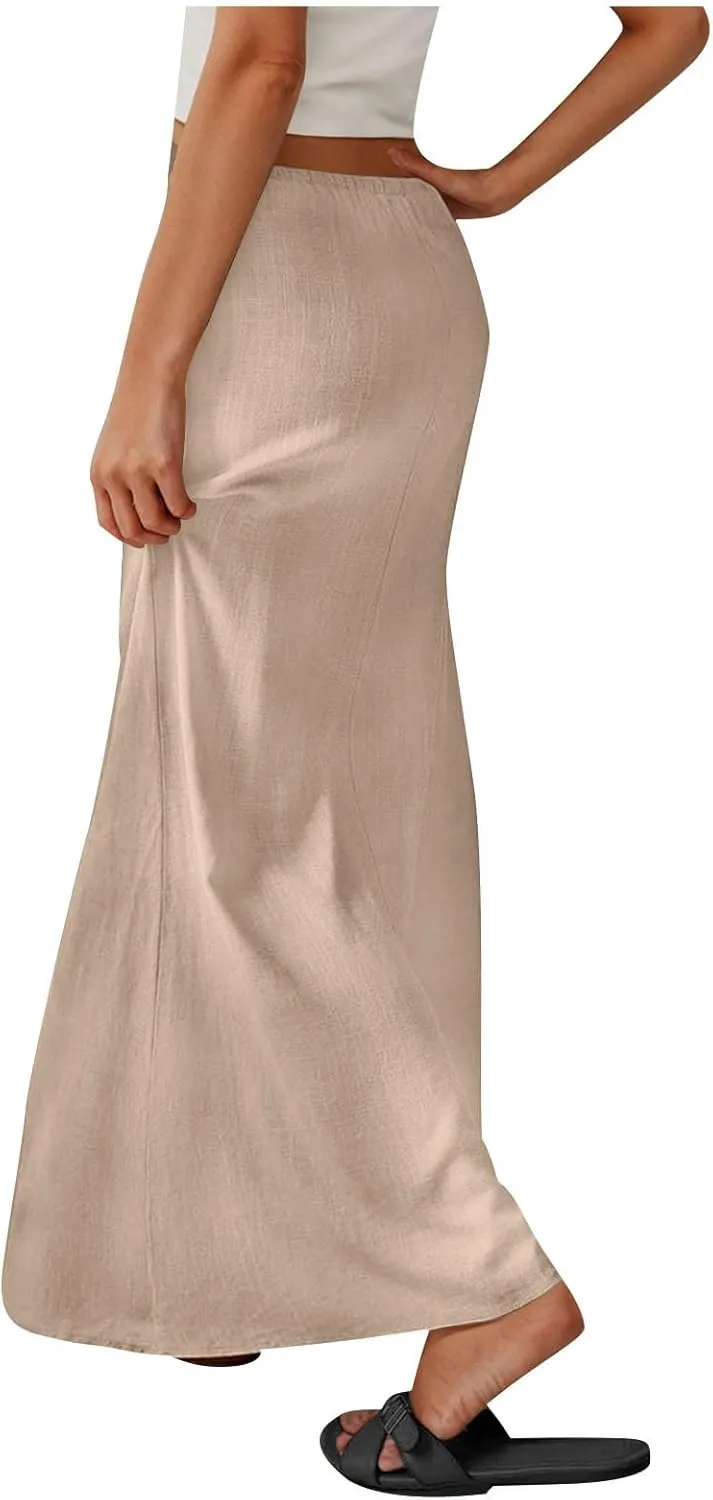 Women Faux Cotton Linen Maxi Skirts Trendy Elastic Waist Drawstring Tie-up Plain Comfy Summer A Line Long Skirt