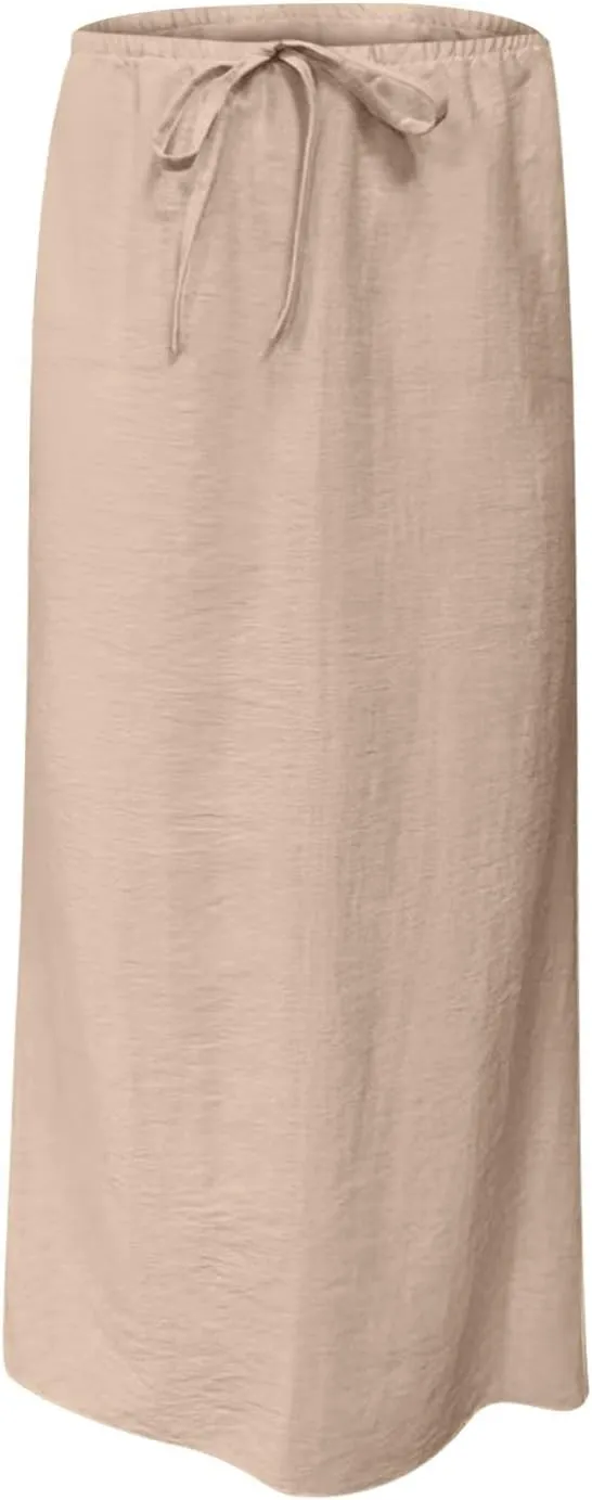 Women Faux Cotton Linen Maxi Skirts Trendy Elastic Waist Drawstring Tie-up Plain Comfy Summer A Line Long Skirt