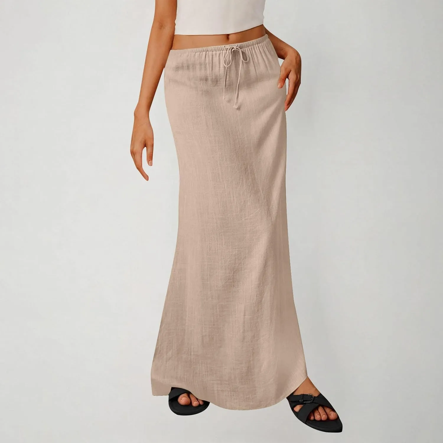 Women Faux Cotton Linen Maxi Skirts Trendy Elastic Waist Drawstring Tie-up Plain Comfy Summer A Line Long Skirt