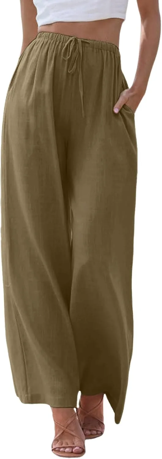 Women High Waisted Wide Leg Pants Fashion Drawstring Elastic Trousers Comfy Straight Leg Long Pants with Pockets