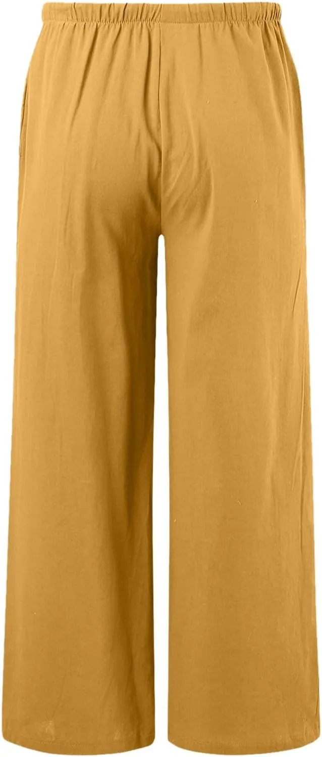Women High Waisted Wide Leg Pants Fashion Drawstring Elastic Trousers Comfy Straight Leg Long Pants with Pockets