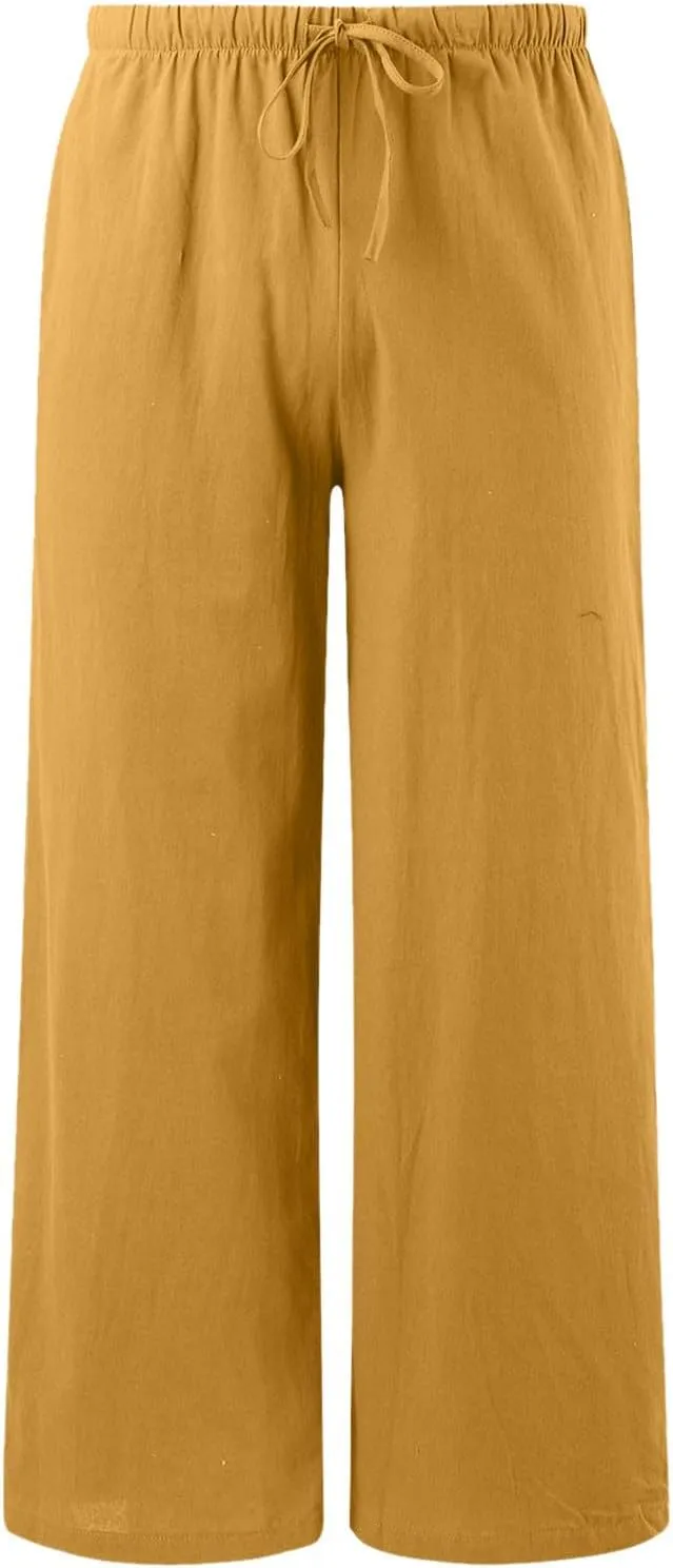Women High Waisted Wide Leg Pants Fashion Drawstring Elastic Trousers Comfy Straight Leg Long Pants with Pockets