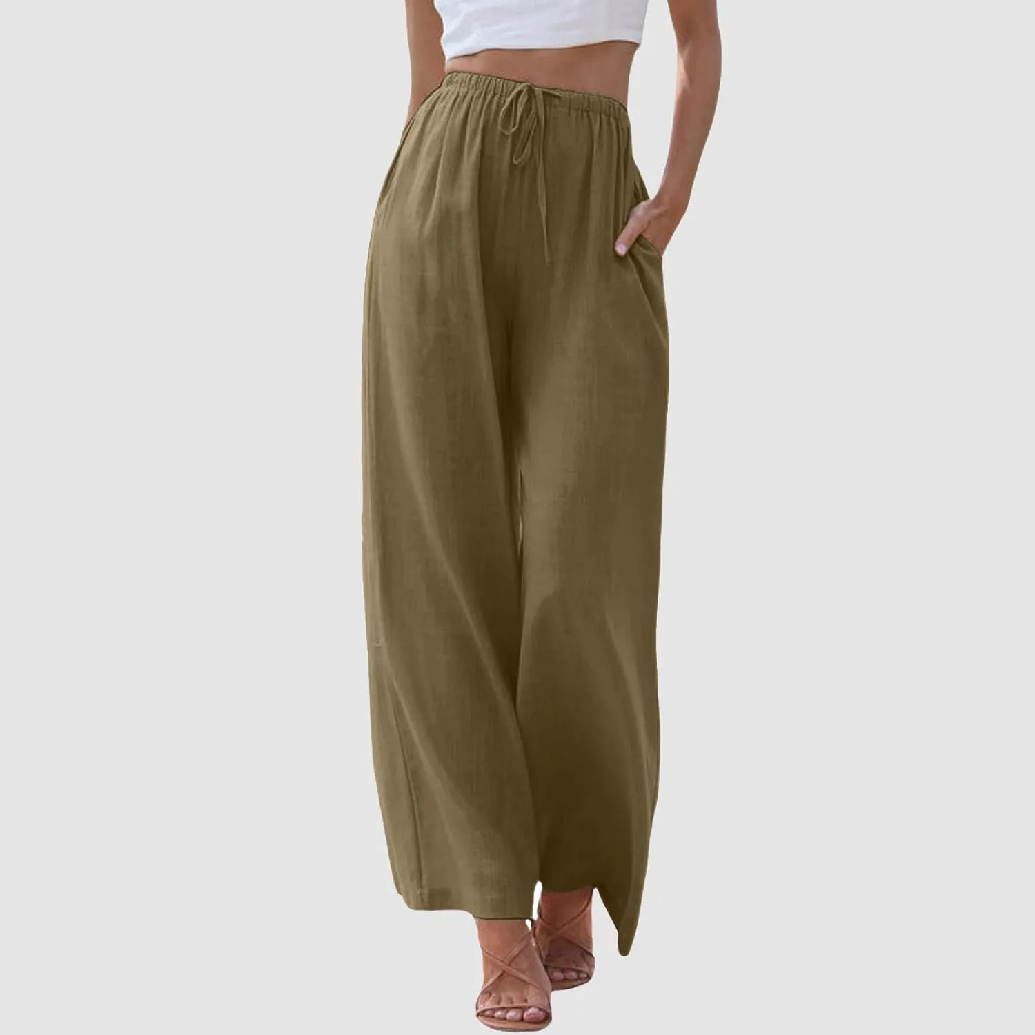 Women High Waisted Wide Leg Pants Fashion Drawstring Elastic Trousers Comfy Straight Leg Long Pants with Pockets