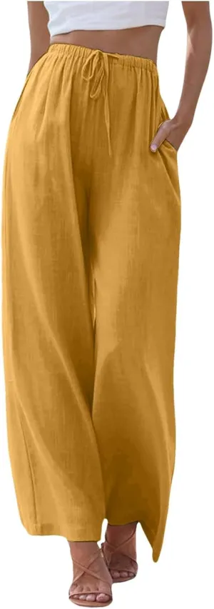 Women High Waisted Wide Leg Pants Fashion Drawstring Elastic Trousers Comfy Straight Leg Long Pants with Pockets