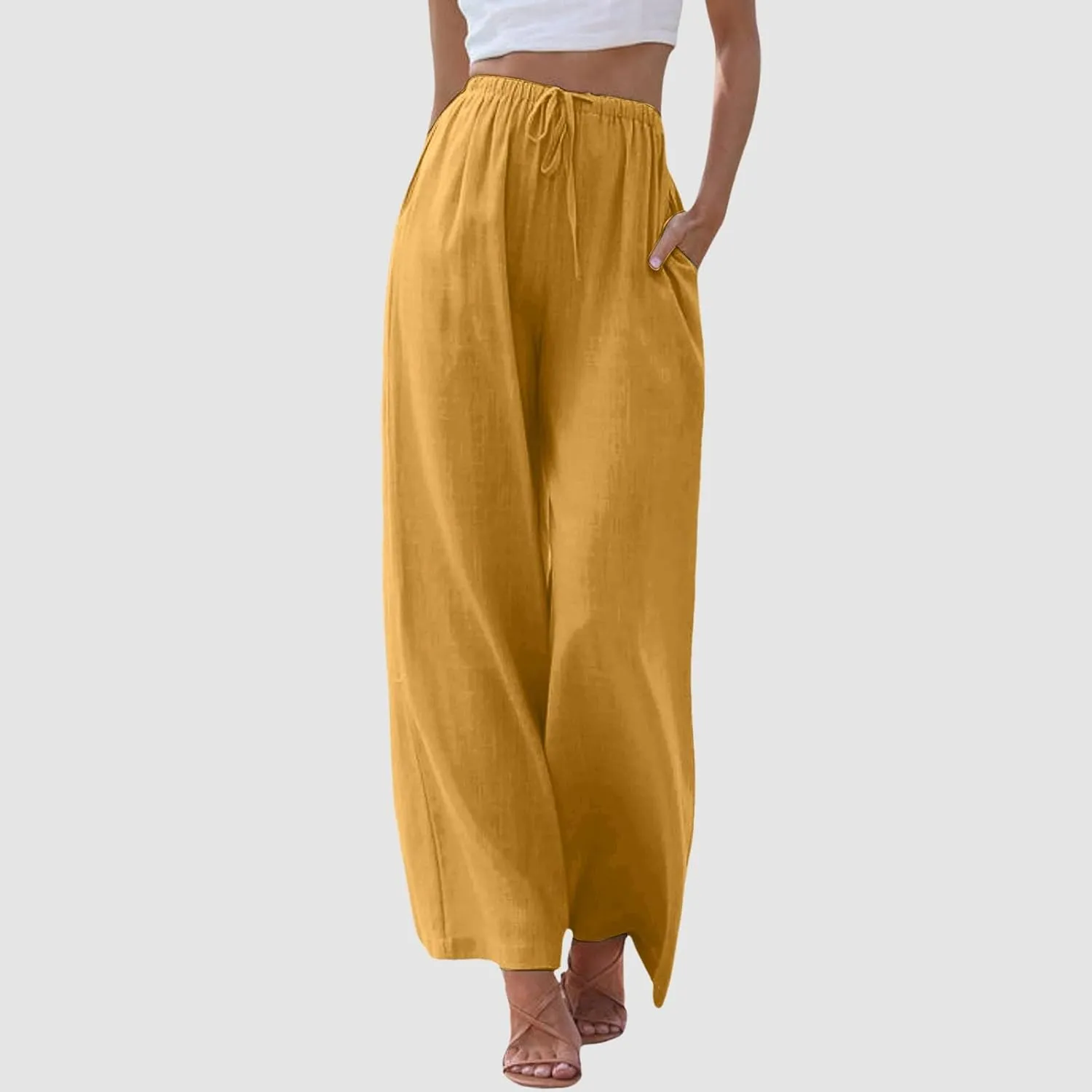 Women High Waisted Wide Leg Pants Fashion Drawstring Elastic Trousers Comfy Straight Leg Long Pants with Pockets