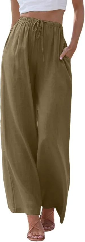Women High Waisted Wide Leg Pants Fashion Drawstring Elastic Trousers Comfy Straight Leg Long Pants with Pockets