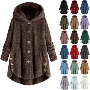 Women Hooded Fuzzy Jacket Oversized Fleece Sherpa Jacket Thicken Warm Jacket Botton Overcoat with Fur Hood S-5XL