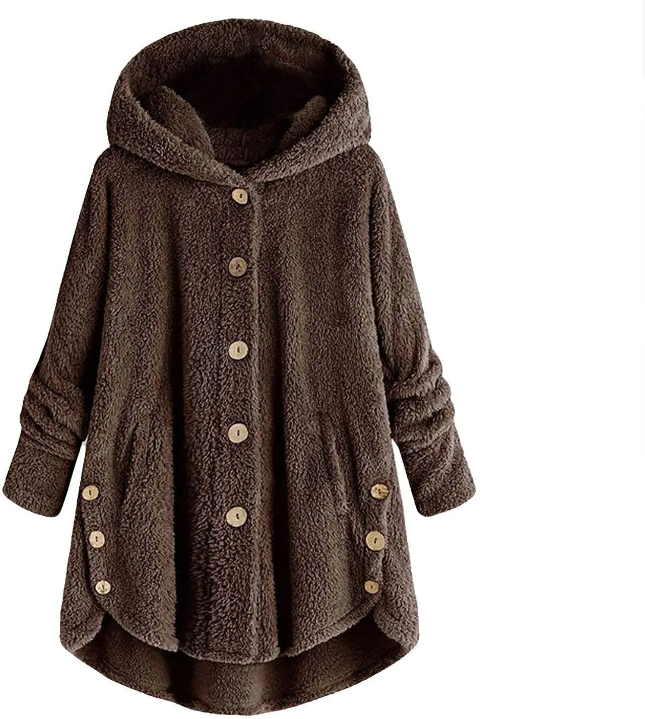 Women Hooded Fuzzy Jacket Oversized Fleece Sherpa Jacket Thicken Warm Jacket Botton Overcoat with Fur Hood S-5XL