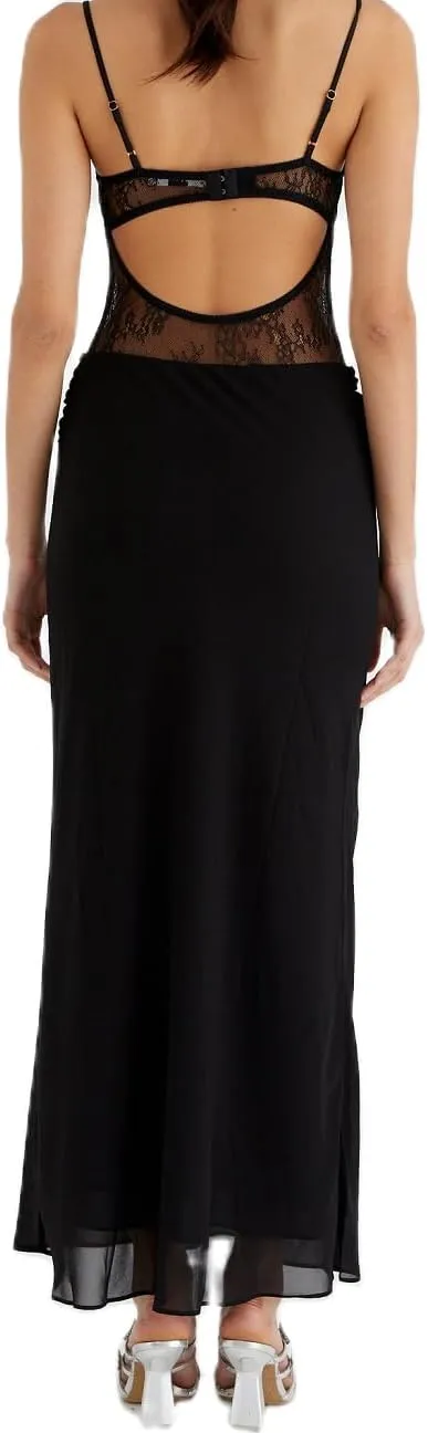 Women Lace Patchwork Long Dress Backless Sleeveless Sheer Lace Cut Out Maxi Dresses for Cocktail Party