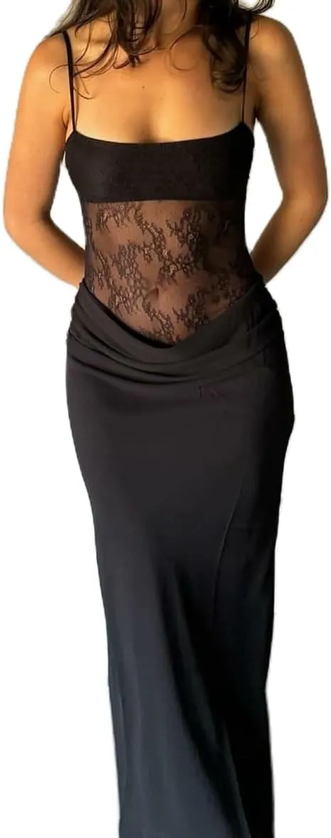 Women Lace Patchwork Long Dress Backless Sleeveless Sheer Lace Cut Out Maxi Dresses for Cocktail Party