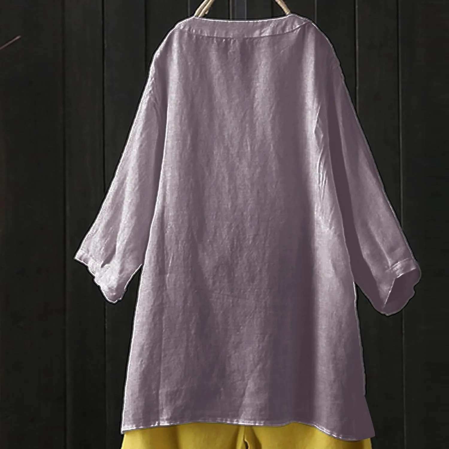 Women Linen Shirts Summer Linen Plain Solid Long Sleeve T Shirts Casual Loose Dressy Crewneck Tee Shirts