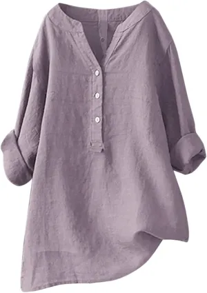 Women Linen Shirts Summer Linen Plain Solid Long Sleeve T Shirts Casual Loose Dressy Crewneck Tee Shirts
