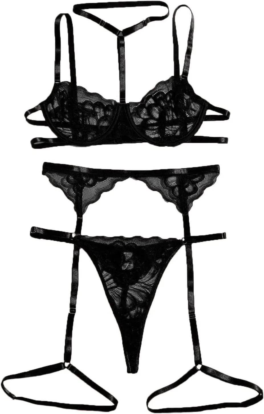 Women Lingerie Sets with Garter Belt Sexy Choker Floral Lace Teddy Babydoll Lingerie Sheer Bra and Panty Set Exotic Sleepwear