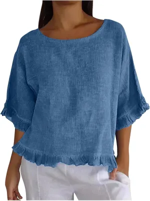 Women Round Neck Ruffled Hem Cotton Linen Tops 2025 Summer Short Sleeve Solid Color Pullover Tunic Elegant Blouse Tee