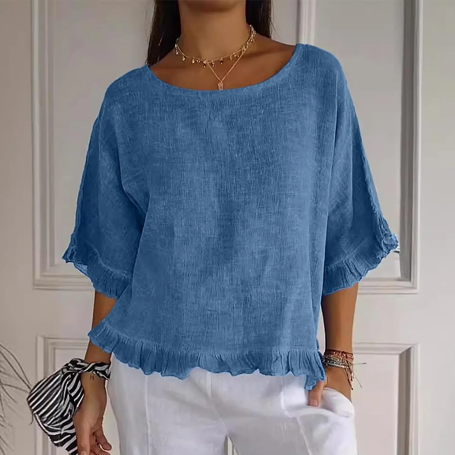 Women Round Neck Ruffled Hem Cotton Linen Tops 2025 Summer Short Sleeve Solid Color Pullover Tunic Elegant Blouse Tee