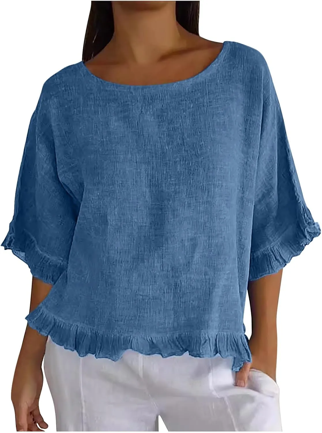 Women Round Neck Ruffled Hem Cotton Linen Tops 2025 Summer Short Sleeve Solid Color Pullover Tunic Elegant Blouse Tee