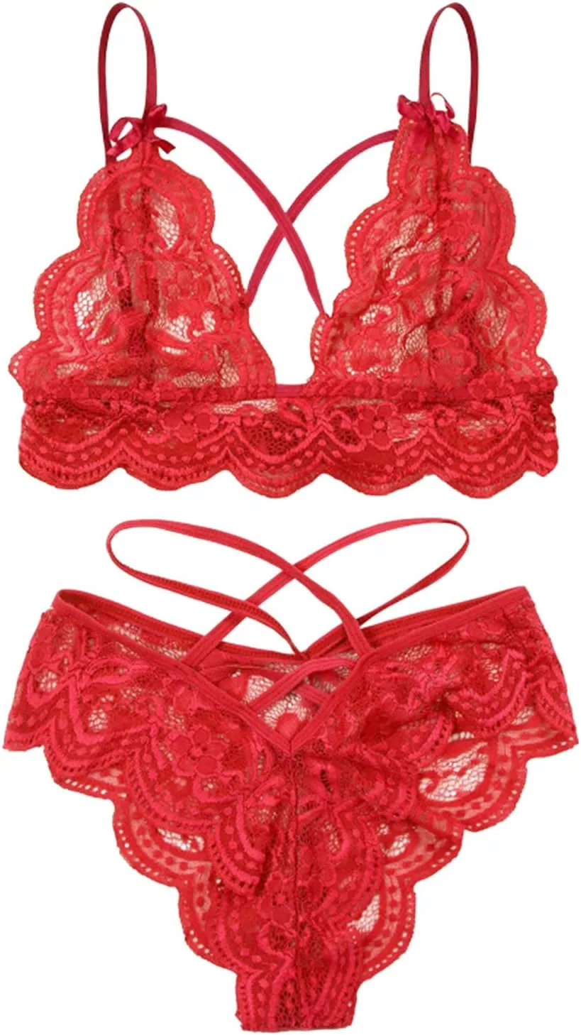 Women Sexy Lingerie Set Floral Lace Scallop Trim Bralette Lace Bra and Panty Set Bralette Sleepwear Sexy Outfits for Women