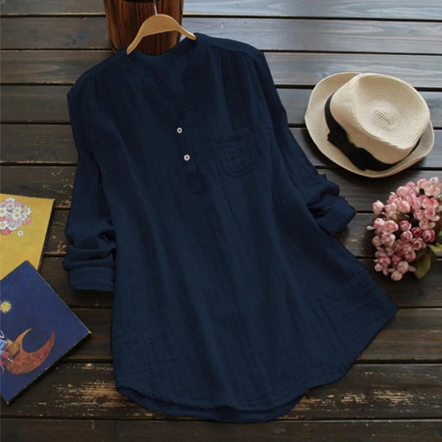 Women Short Sleeve Cotton Linen Shirt Casual Crew Neck Henley T Shirt Bohemian Embroidery Loose Summer Tops