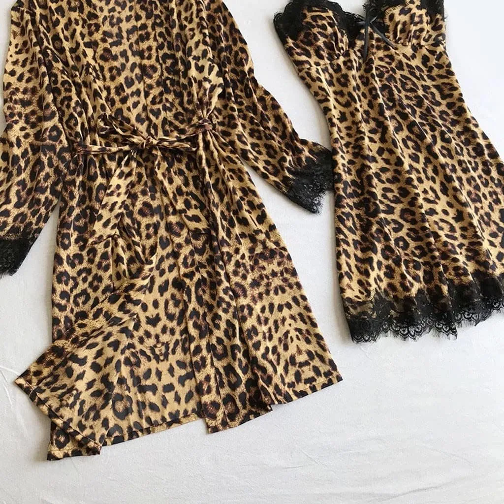 Women Silk Satin Pajamas Sets 2 Piece Floral Lace Trim Silky Kimono Robe and Chemise Nightgown Leopard Print Bathrobe