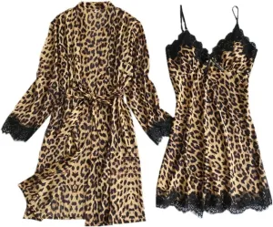 Women Silk Satin Pajamas Sets 2 Piece Floral Lace Trim Silky Kimono Robe and Chemise Nightgown Leopard Print Bathrobe