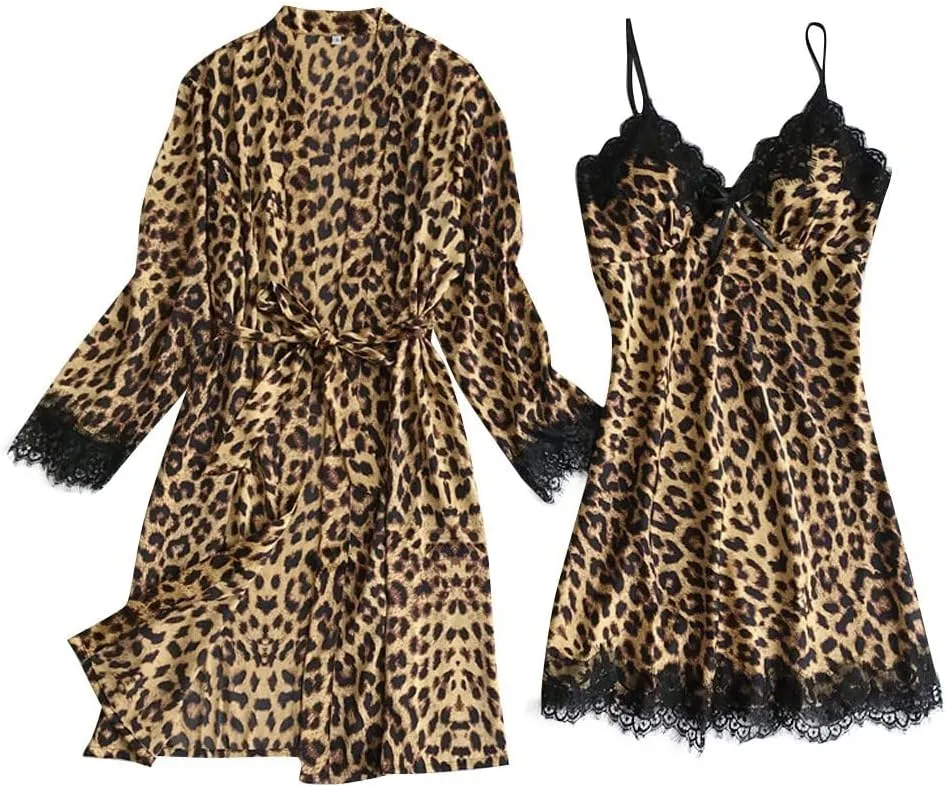 Women Silk Satin Pajamas Sets 2 Piece Floral Lace Trim Silky Kimono Robe and Chemise Nightgown Leopard Print Bathrobe