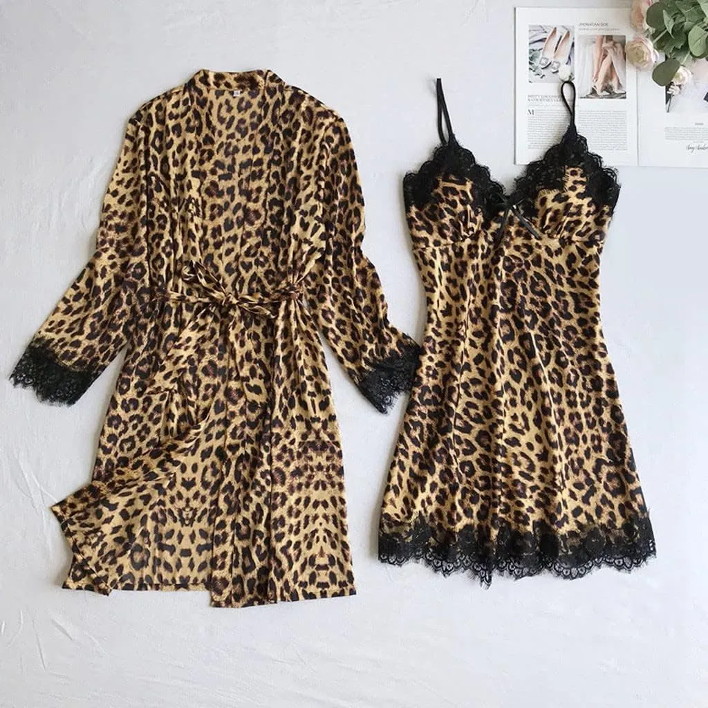 Women Silk Satin Pajamas Sets 2 Piece Floral Lace Trim Silky Kimono Robe and Chemise Nightgown Leopard Print Bathrobe