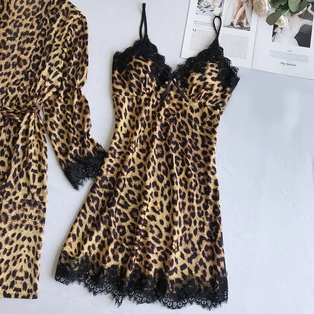 Women Silk Satin Pajamas Sets 2 Piece Floral Lace Trim Silky Kimono Robe and Chemise Nightgown Leopard Print Bathrobe